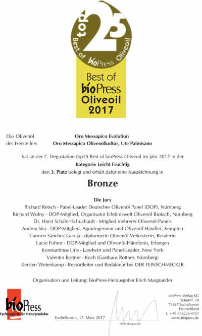 Best of BioPress Oliveoil 2017 - Bronze Medal for ORO MESSAPICO Evolution